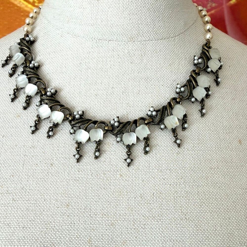 Sweet Romance Satin Glass Tulips Necklace White on Bronze Floral Statement Neckl